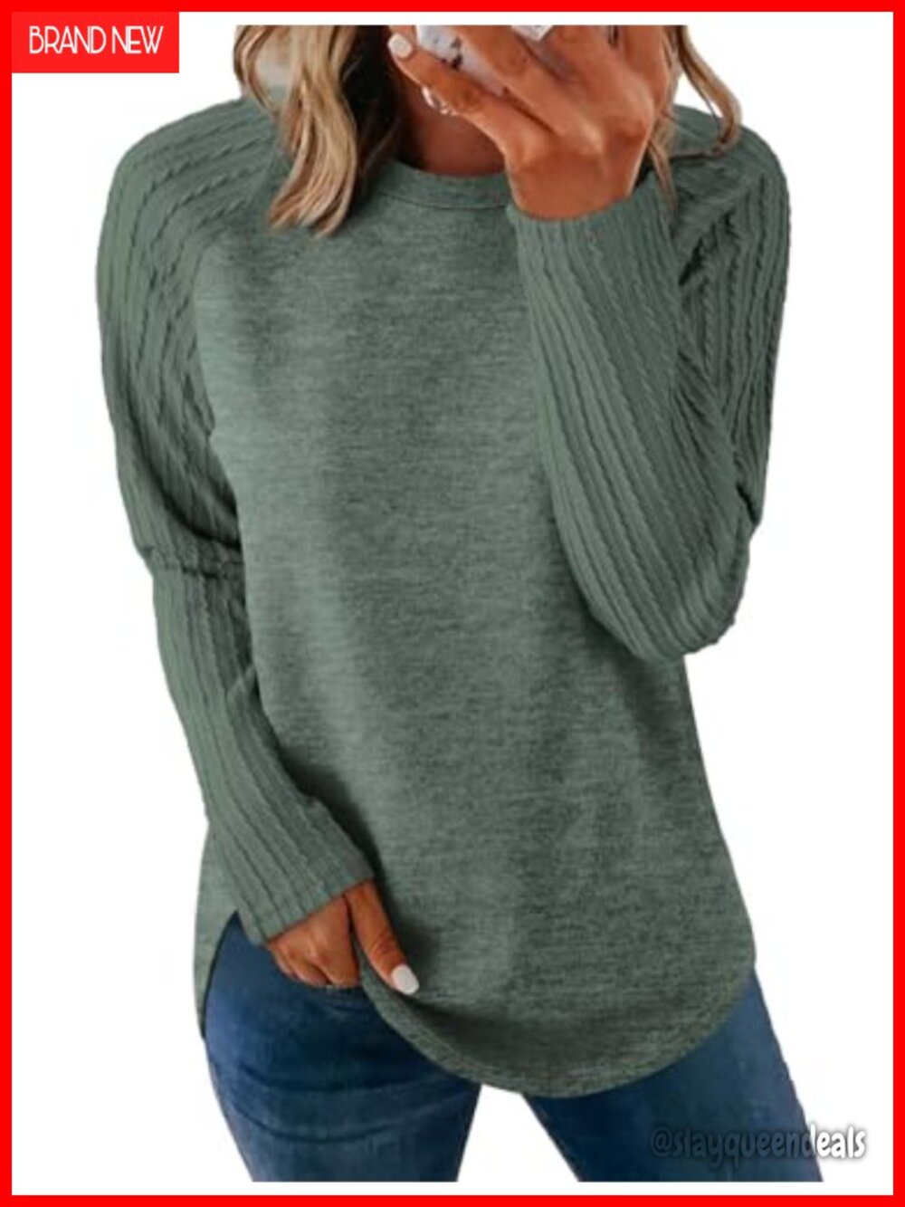 Womens Crewneck Tunic Sweatshirt Long Sleeve Curved Hem Loose Fit Pullover